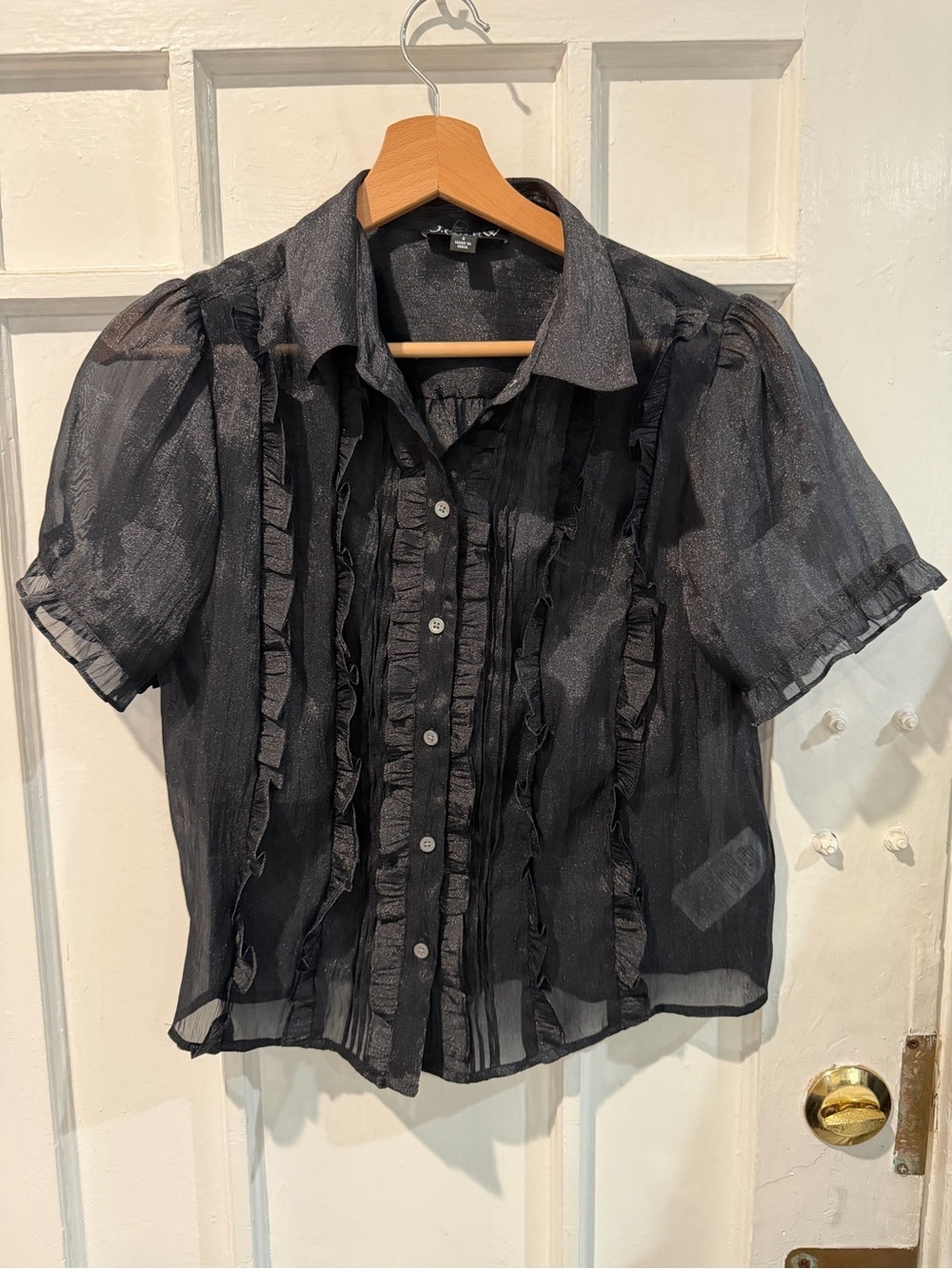 J. Crew Black Sheer Ruffle-Front Button Down Shirt